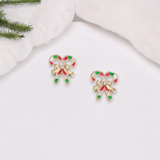 Crossed Candy Canes With Gold Ribbon And Crystals Holiday Earrings