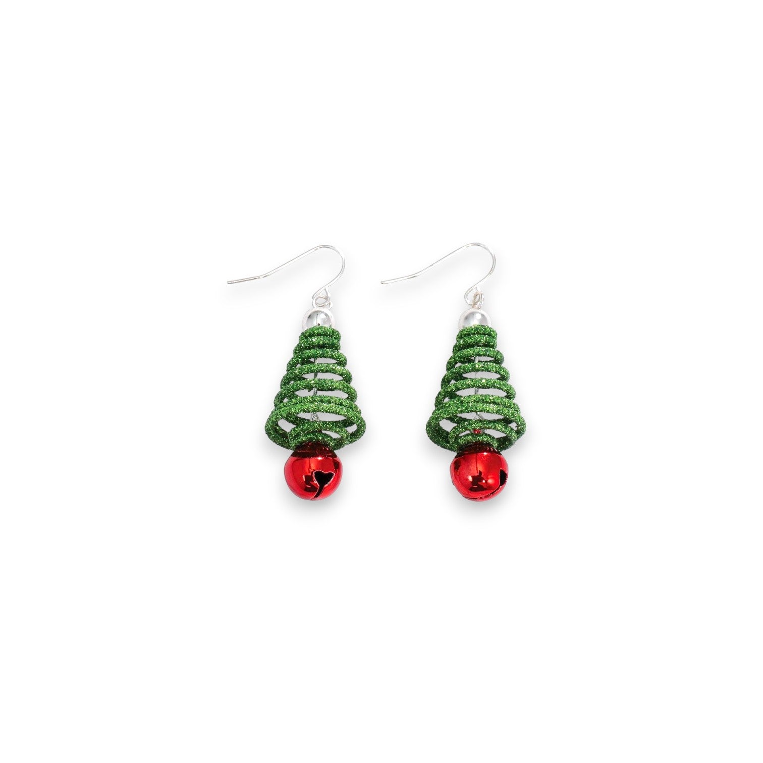 Glitter Trees With Red Jingle Bell Holiday Earrings - Mellow Monkey