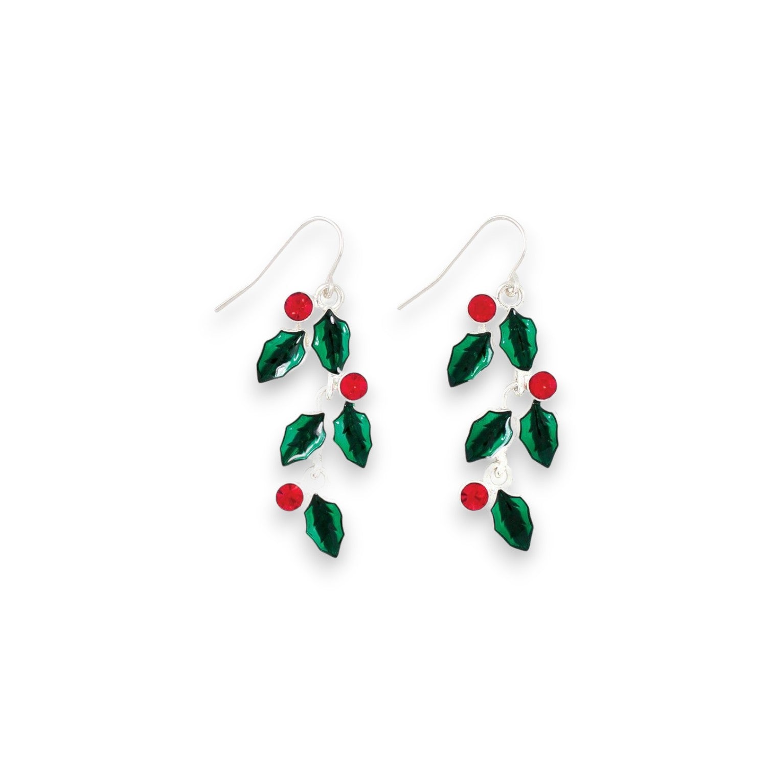 Red Crystals And Green Leaves Holiday Earrings - Mellow Monkey