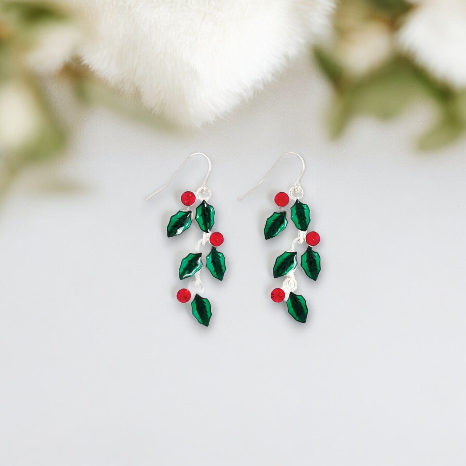 Red Crystals And Green Leaves Holiday Earrings - Mellow Monkey