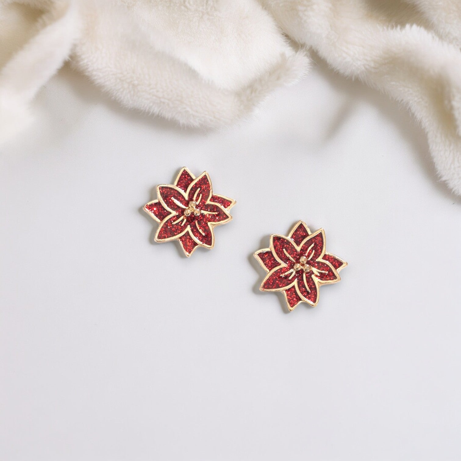 Gold Poinsetta With Red Glitter Resin Holiday Earrings - Mellow Monkey