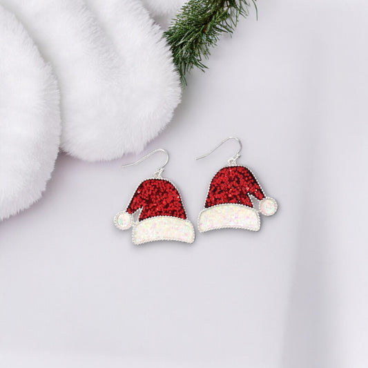 Red Glitter Santa Hats Holiday Earrings