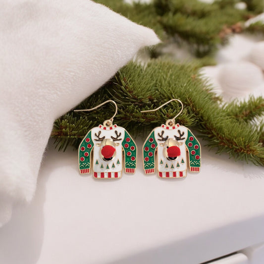 Rudolph Ugly Sweater With Red Crystals And Pom Poms Holiday Earrings
