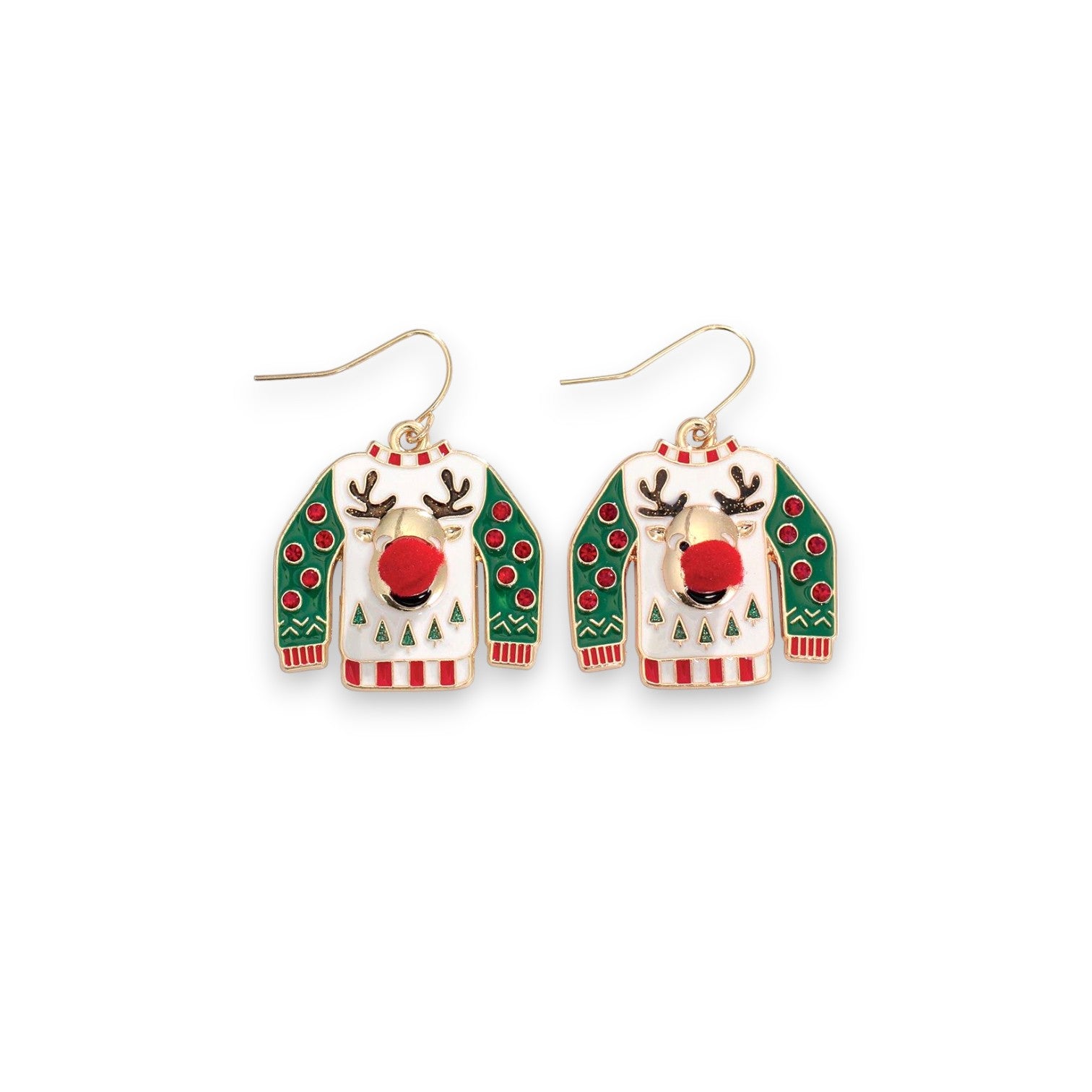 Rudolph Ugly Sweater With Red Crystals And Pom Poms Holiday Earrings - Mellow Monkey