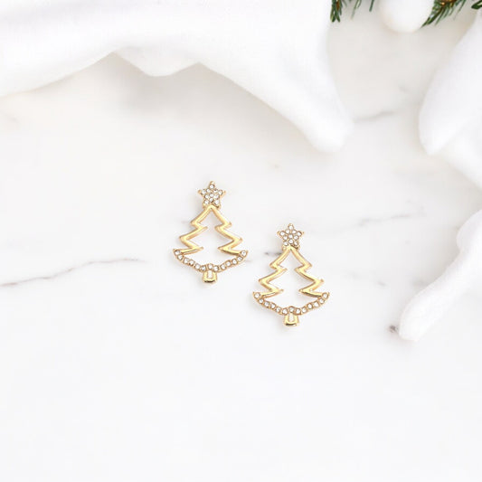 Gold Christmas Tree Cutouts With Crystals Holiday Earrings