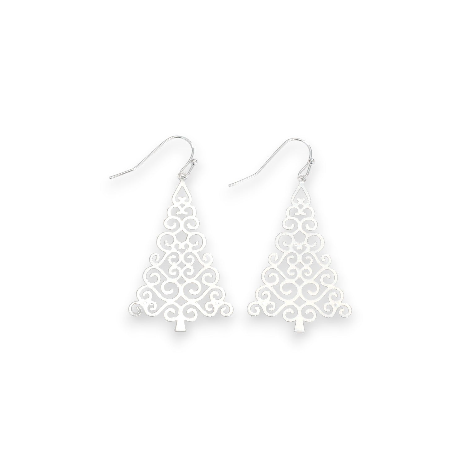 Silver Filigree Cutout Tree Holiday Earrings - Mellow Monkey