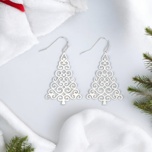 Silver Filigree Cutout Tree Holiday Earrings