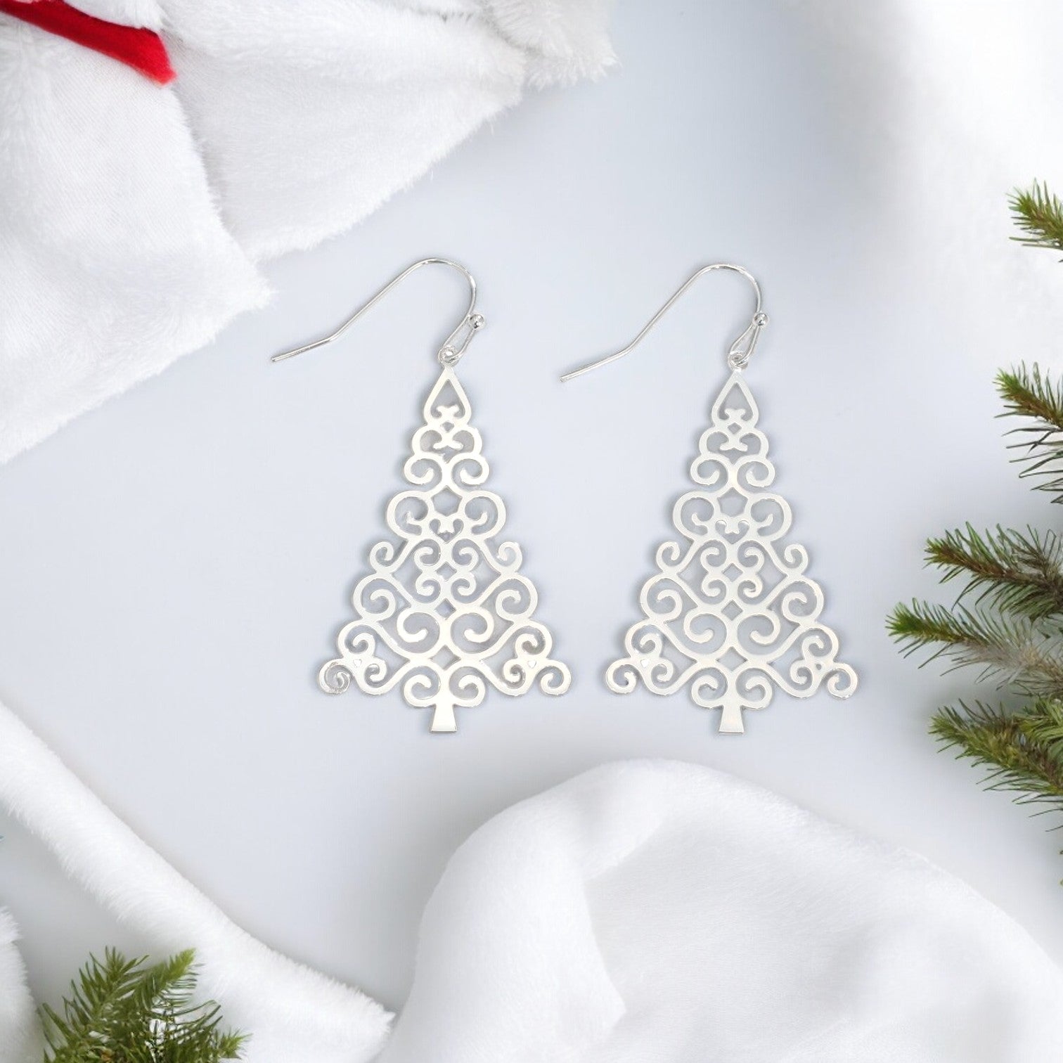 Silver Filigree Cutout Tree Holiday Earrings - Mellow Monkey