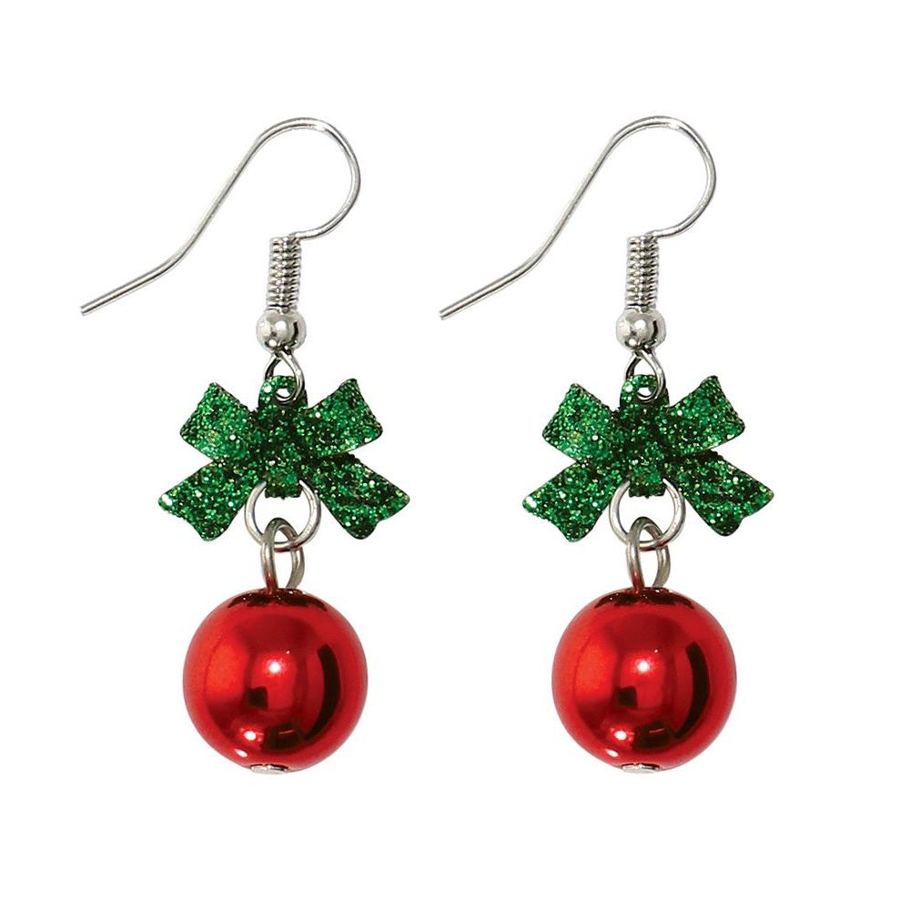 Earrings - Green Bow Red Ornament - Mellow Monkey