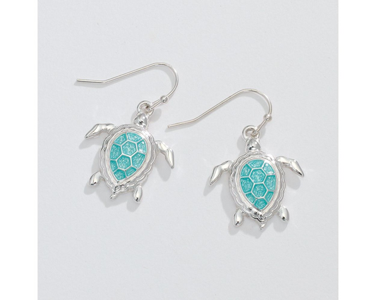 Silver Turtles Aqua Enamel - Earrings - Mellow Monkey