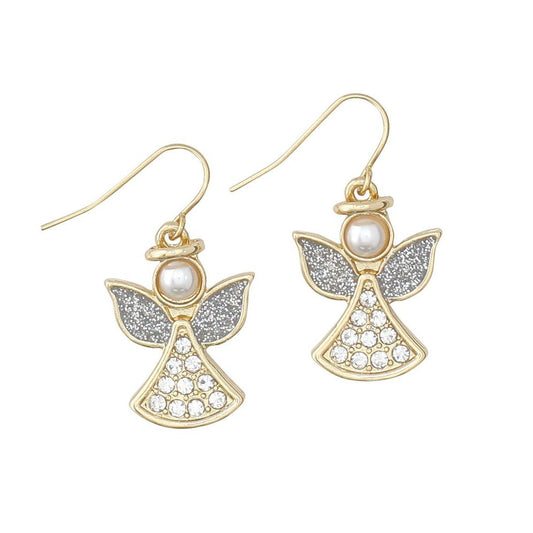 Earrings - Silver and Gold Crystal Angel w Pearl - Mellow Monkey