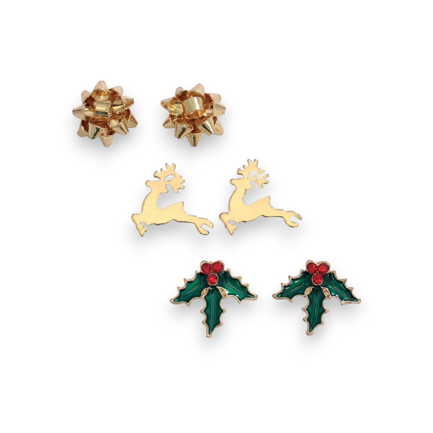 Holiday Trio Earrings: Bows, Reindeer and Holly - Mellow Monkey