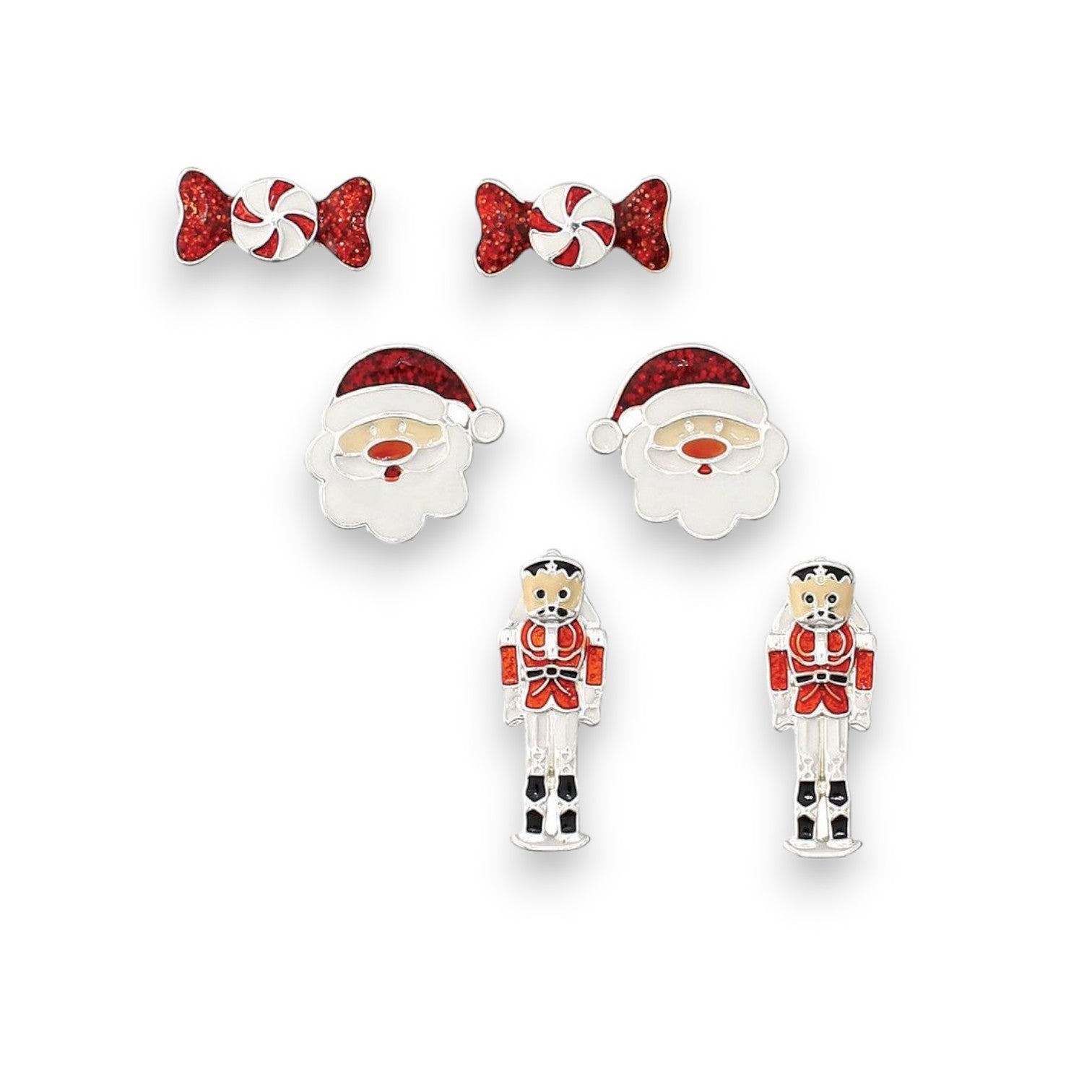 Holiday Trio Earrings: Peppermint Candy Bow, Santa Head, and Nut Cracker - Mellow Monkey