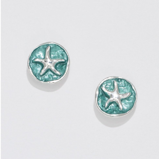 Aqua Enamel Silver Starfish Stud Earrings - Mellow Monkey