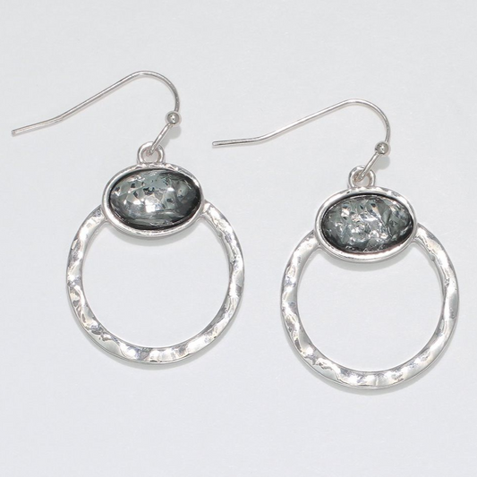 Silver Hammered Earrings with Gray Stones - Mellow Monkey