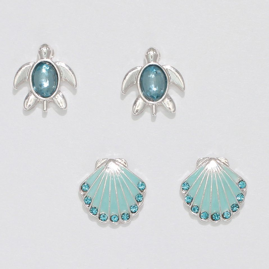 Aqua Turtle and Scallop Stud Earrings - Mellow Monkey