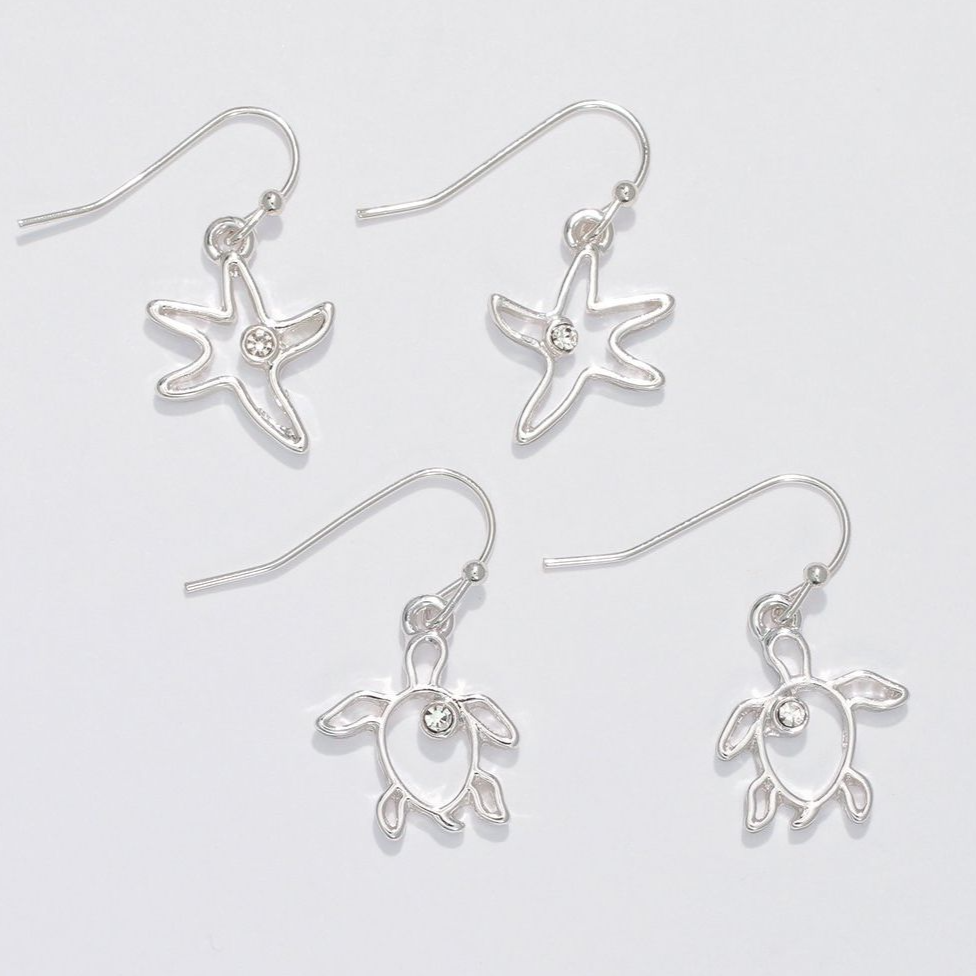 Silver Open Starfish and Turtle Drop Earrings - Mellow Monkey