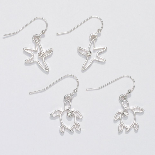 Silver Open Starfish and Turtle Drop Earrings - Mellow Monkey