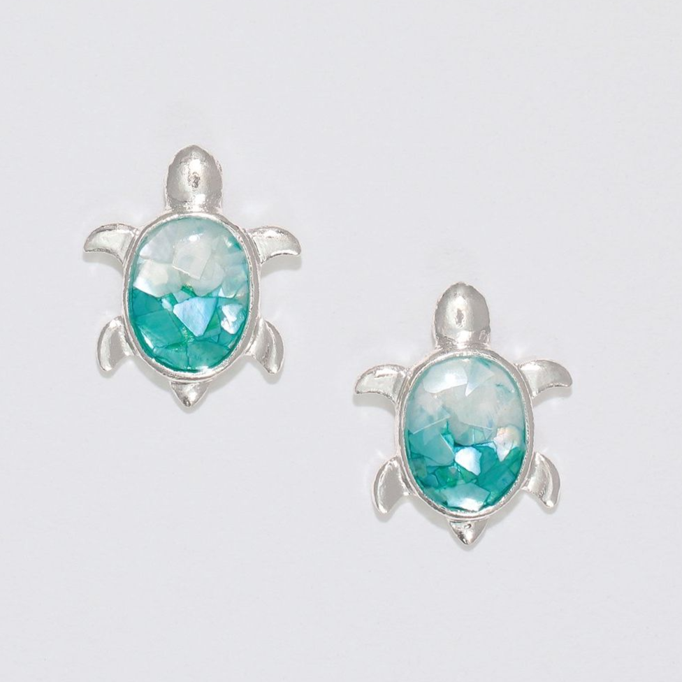 Silver Turtle with Turquoise Flake Earrings - Mellow Monkey