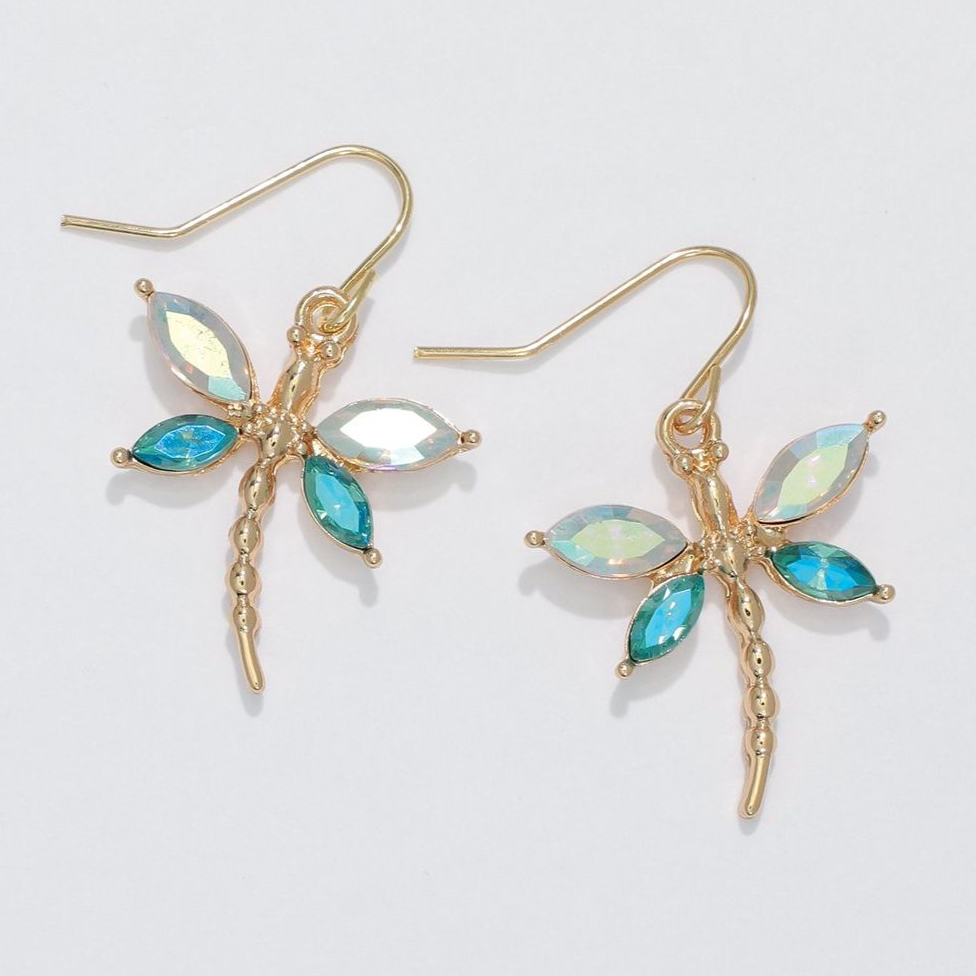 Gold Dragonfly Earrings with Clear and Blue Rhinestones - Mellow Monkey