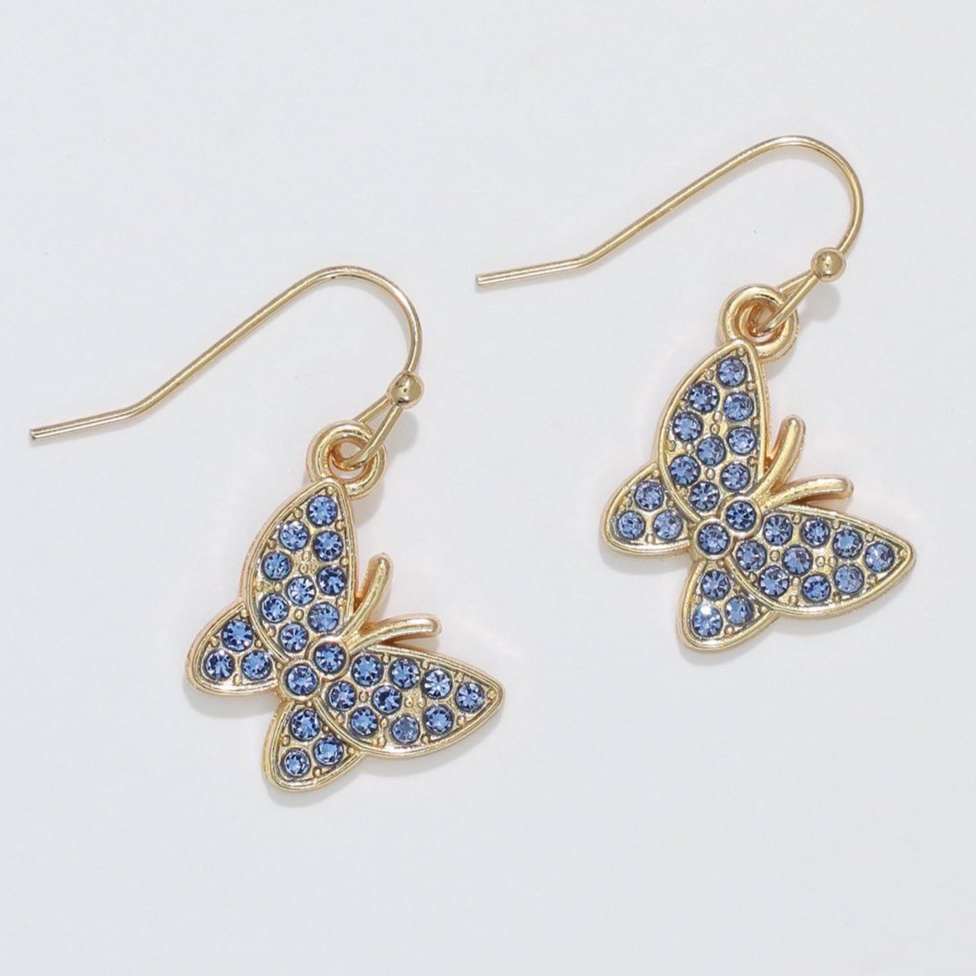 Blue Crystal Butterfly Gold Earrings - Mellow Monkey