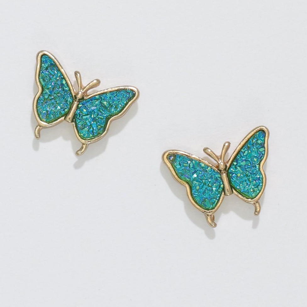 Teal Druzy Butterfly Earrings - Mellow Monkey