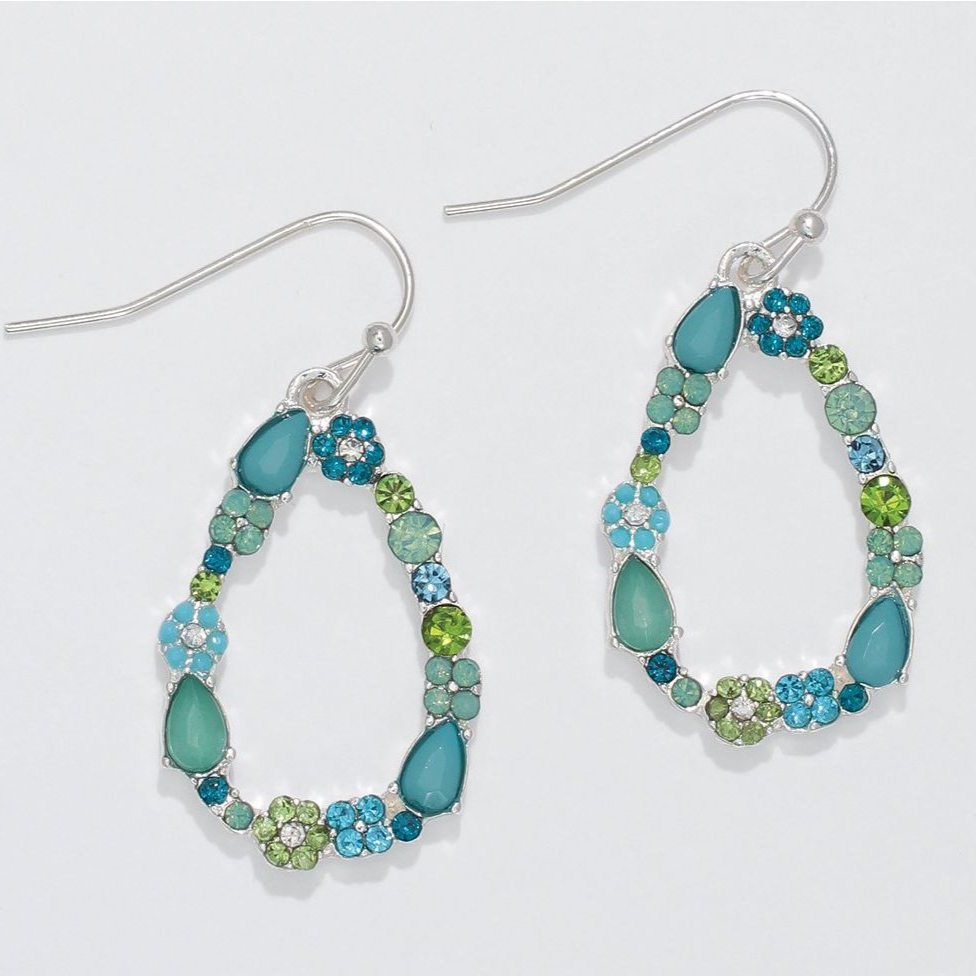 Green and Blue Teardrop Floral Rhinestone Earrings - Mellow Monkey