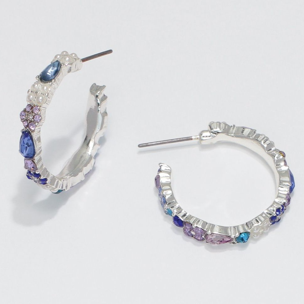 Silver Hoop Earrings with Blue Crystals - Mellow Monkey