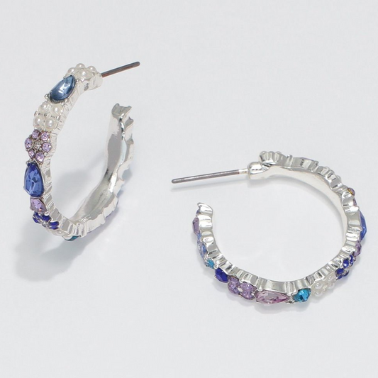 Silver Hoop Earrings with Blue Crystals - Mellow Monkey