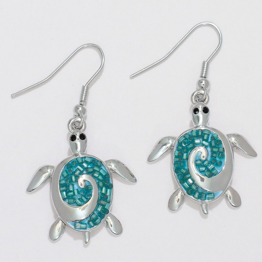 Aqua and Silver Turtle Earrings - Mellow Monkey