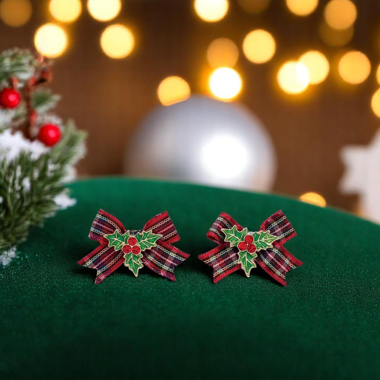Plaid Bows with Holly Earrings - Mellow Monkey