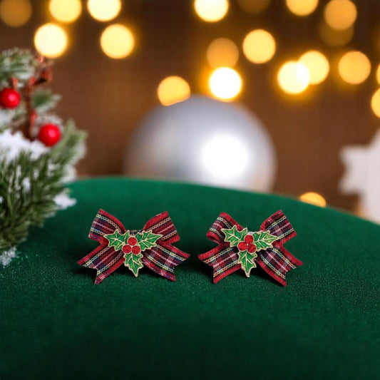 Plaid Bows with Holly Earrings - Mellow Monkey