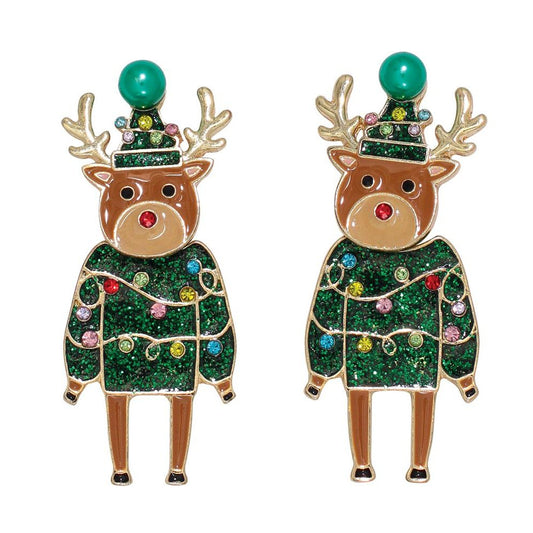 Earrings - Green Rudolph w Crystals - Mellow Monkey