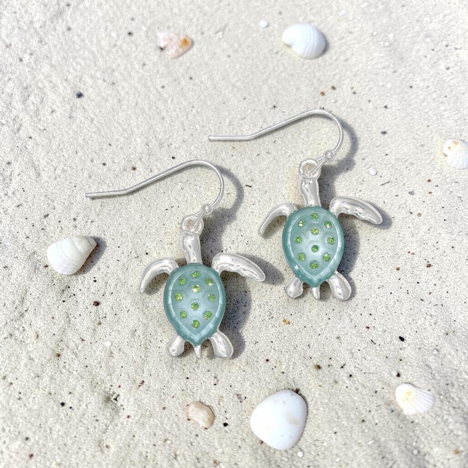 Silver & Mint Turtle With Crystals - Earrings – Mellow Monkey