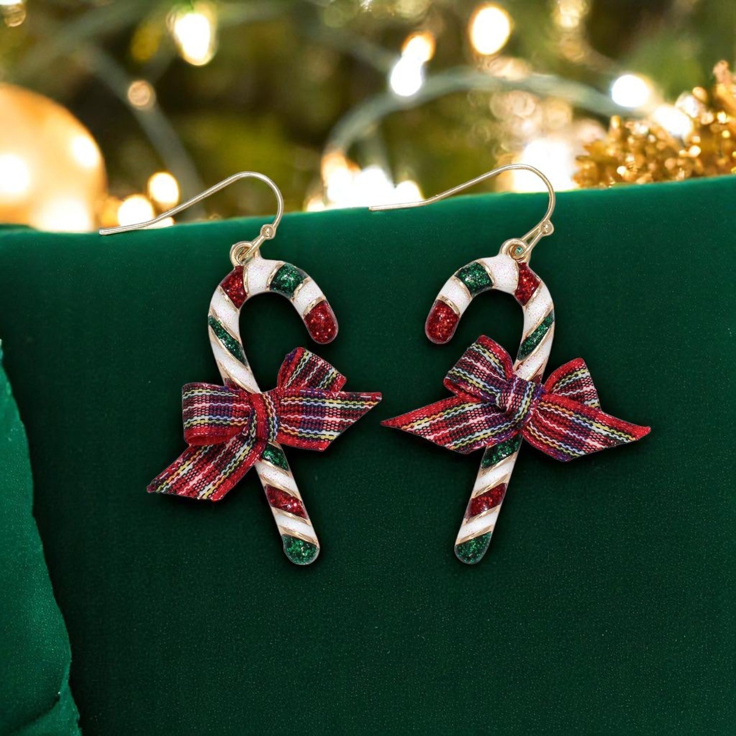 Candy Cane with Plaid Bow Earrings - Mellow Monkey