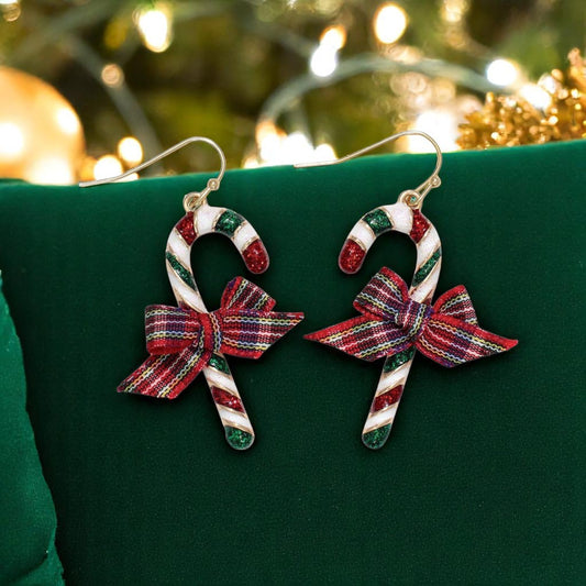 Candy Cane with Plaid Bow Earrings - Mellow Monkey