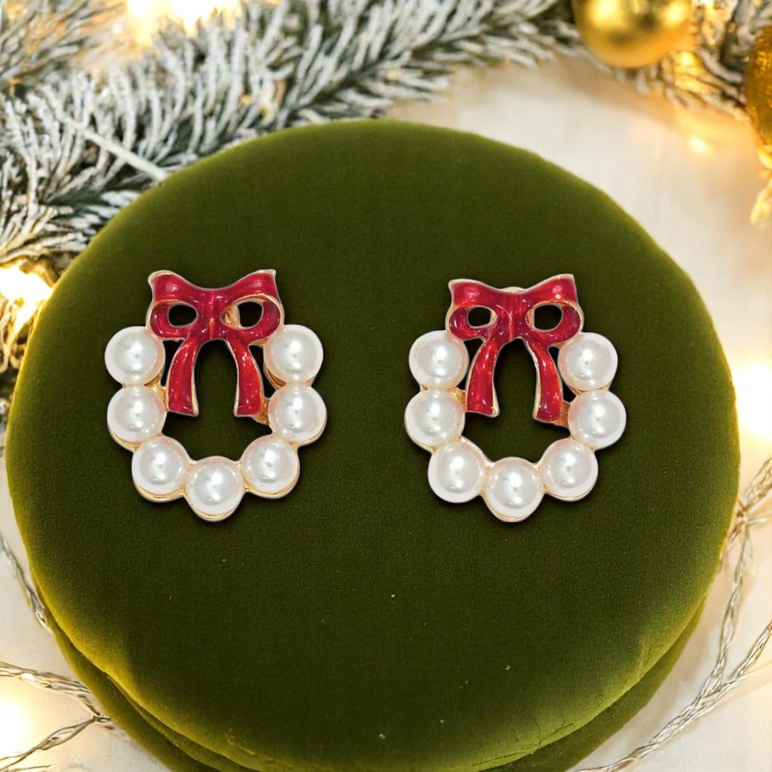 Pearl Wreath with Red Bow Earrings - Mellow Monkey