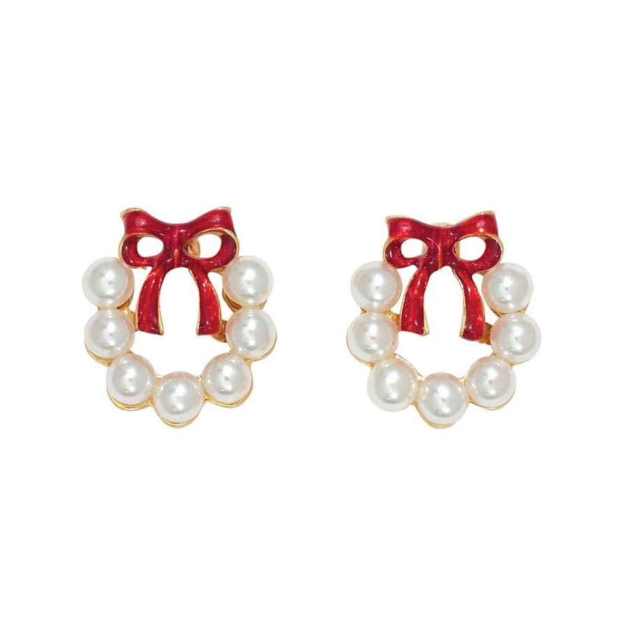 Pearl Wreath with Red Bow Earrings - Mellow Monkey