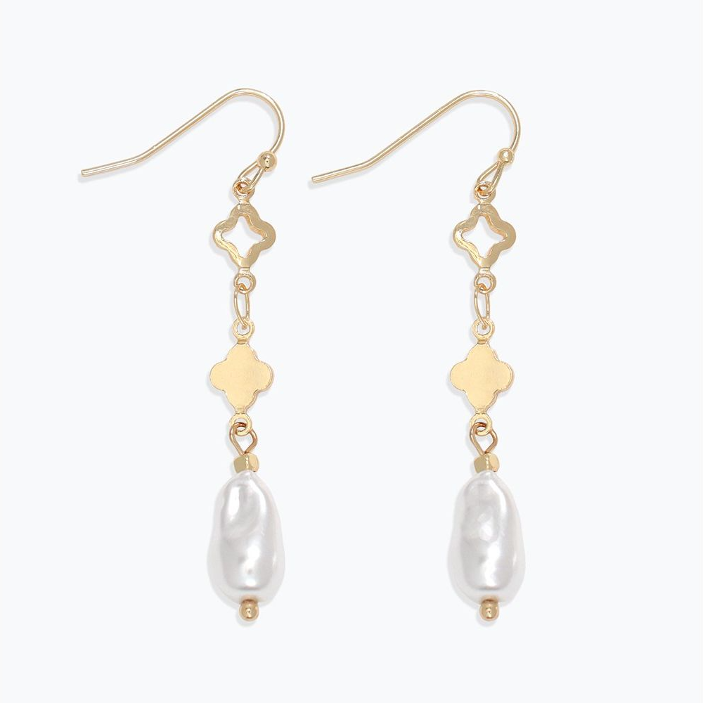 Gold Clover And Pearl Drop Earrings - Mellow Monkey