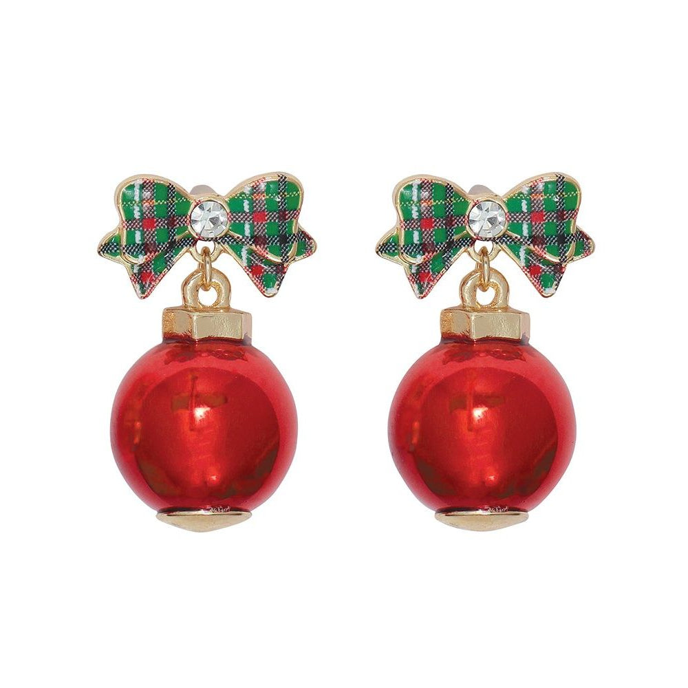 Earrings - Plaid Bow w Red Ball - Mellow Monkey
