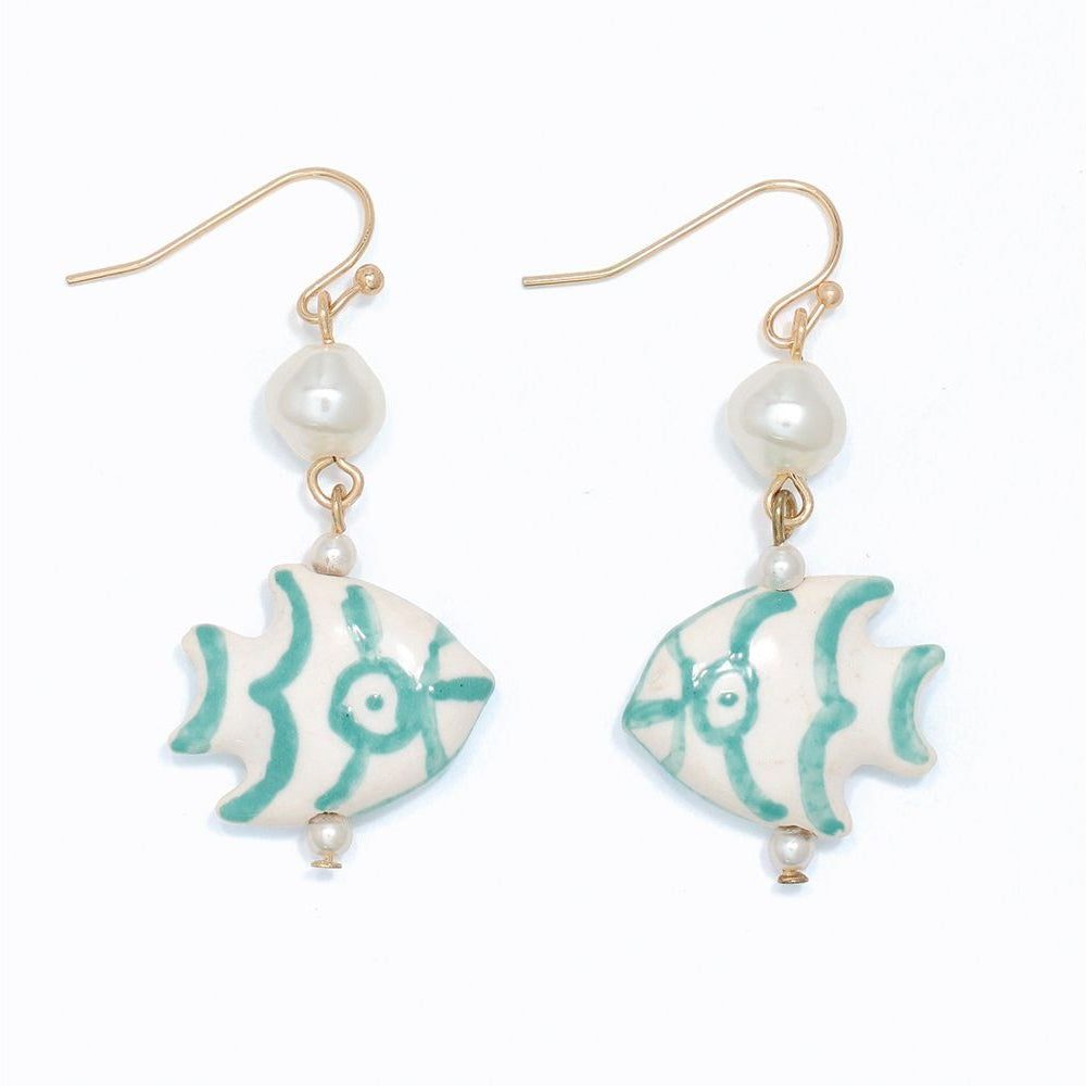 Teal Ceramic Fish With Pearls - Earrings - Mellow Monkey