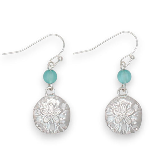 Silver Sand Dollar With Blue Bead - Earrings