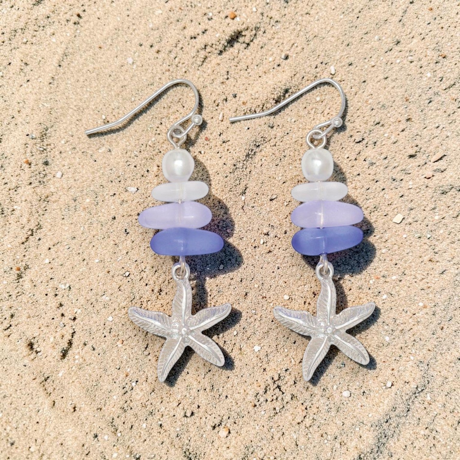 Starfish With Soft Blue Sea Glass & Pearls - Earrings - Mellow Monkey