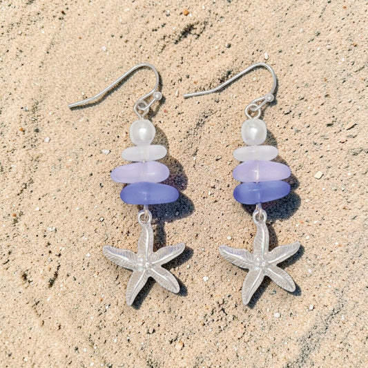 Starfish With Soft Blue Sea Glass & Pearls - Earrings - Mellow Monkey