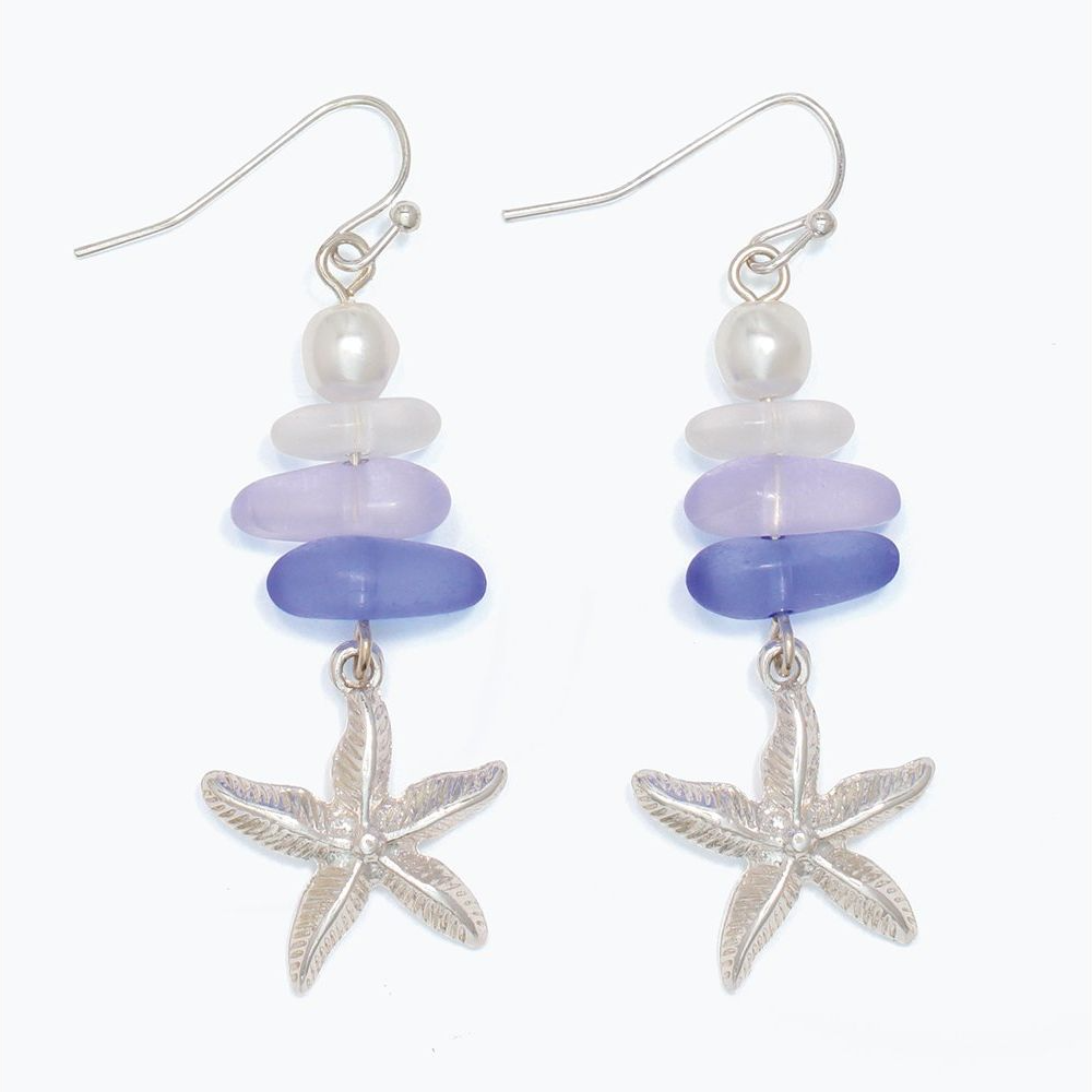 Starfish With Soft Blue Sea Glass & Pearls - Earrings - Mellow Monkey