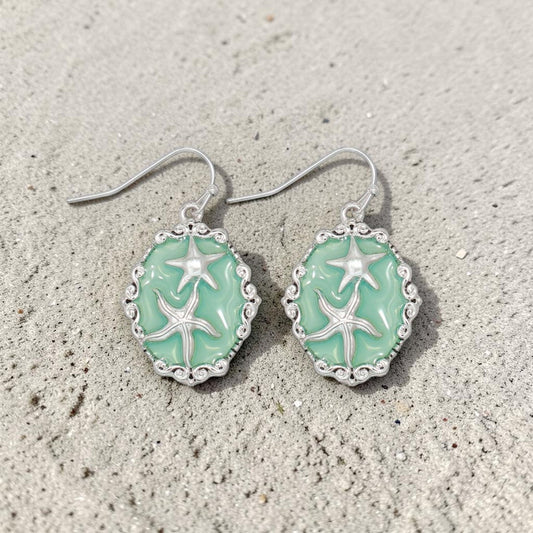 Silver Starfish In Mint With Filigree - Earrings