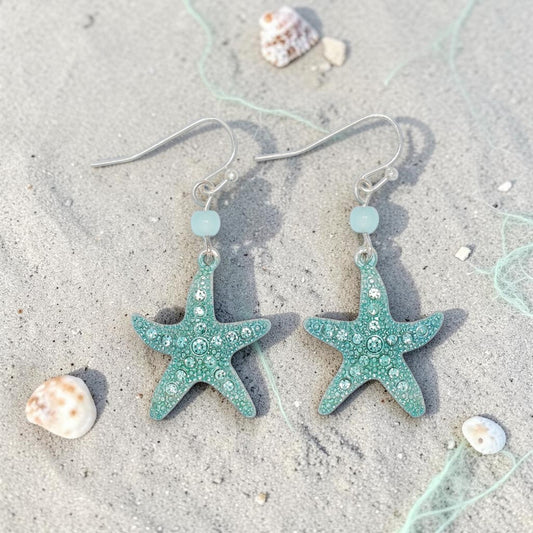 Mint Starfish With Crystals - Earrings
