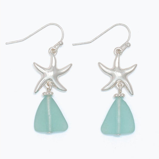 Silver Starfish With Mint Seaglas - Earrings - Mellow Monkey