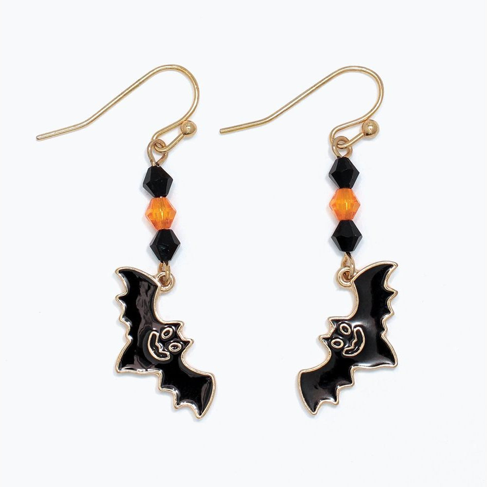 Earrings - Black Bats w Orange Beads - Mellow Monkey