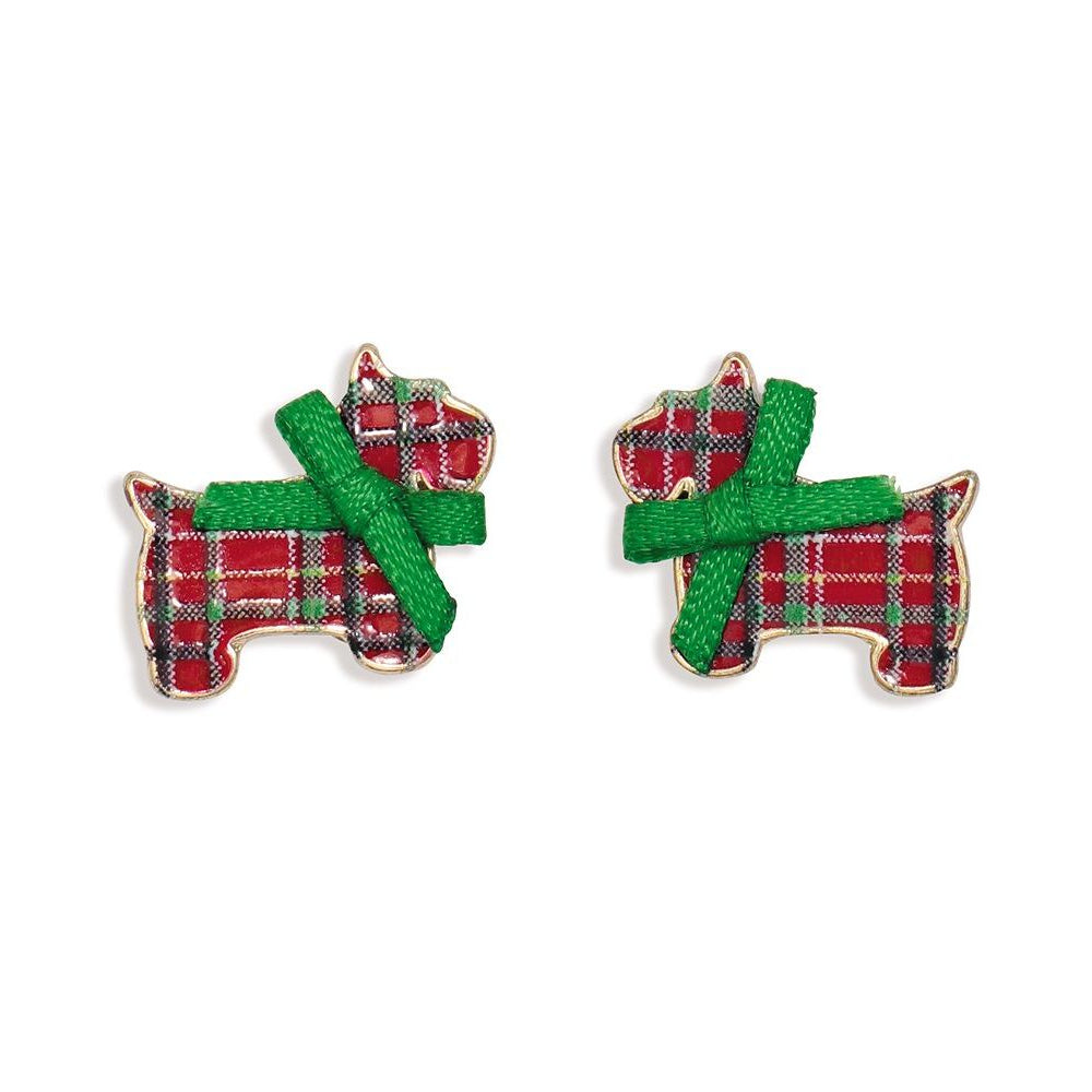 Earrings - Plaid Dog w Green Bow - Mellow Monkey
